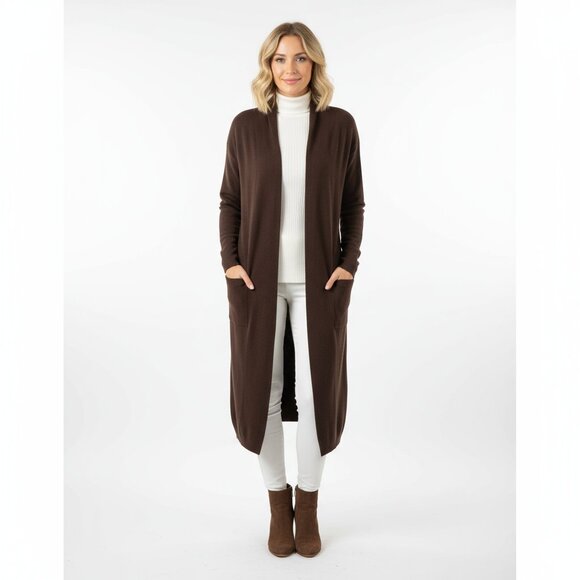 Line And Dot Chocolate Brown Long Sleeve Open Front Duster Cardigan Sweater S - Picture 7 of 7